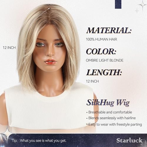 starluck Human Hair Wigs for Women, Curtain Bangs Ombre Light Blonde Mixed Light Brown Bob Real Wig Human Hair with SilkHug Cap, 12 Inch Graduated Straight, Soft, Natural Look for Daily & Wear Parties