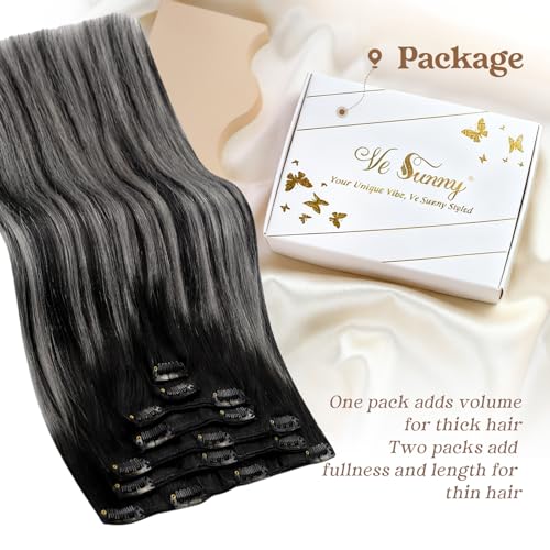 Ve Sunny Clip in Hair Extensions Real Human Hair Black Ombre Clip in Human Hair Extensions for Women Human Clip in Hair Extensions Natural Black Grey Silver Easy-to-wear 7pcs 120g 20inch