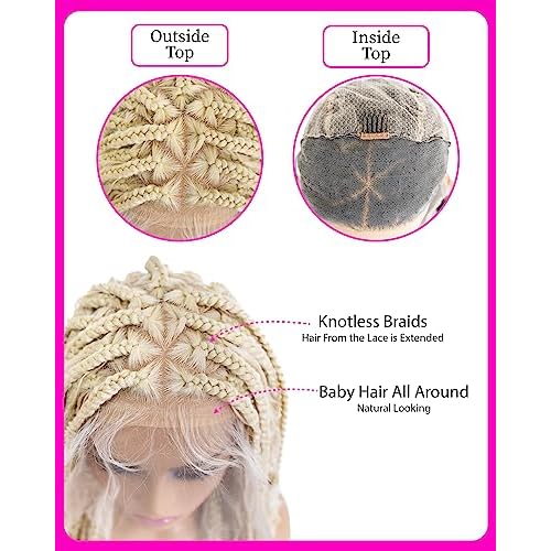 PIB 32'' Single Full Lace Braid Wig ? Boho Box Braided Wig Triangle Parted, Knotless Braided Wigs for Black Women, Synthetic Lace Wigs with Natural Baby Hair (613, Platinum Blonde)