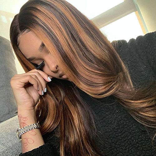 Highlight Ombre Lace Front Wig Human Hair 28 Inch Black Mixed Honey Blonde #1B/30 Colored Pre Plucked Bleached Knots 13x4 HD Transparent Lace Front Wigs 150% Density for Women Glueless Virgin Hair