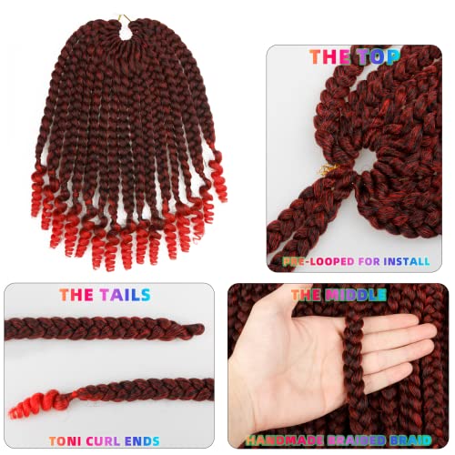 Short Goddess Box Braid Crochet Hair For Black Women and Baby Kids- 7 Packs 10 Inches Ombre Red, Synthetic Hair With Toni Curl Ends Extensions (10 Inch-7Packs,T1B/Red)