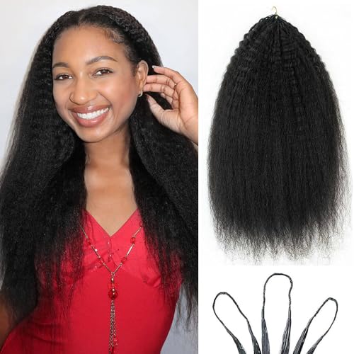 Feather Crochet Hair Kinky Straight Human Hair For Black Women Pre-Separated Knotless Invisble Micro Loop Hair Extensions Crochet Human Hair Yaki For Braiding 22inch 120g