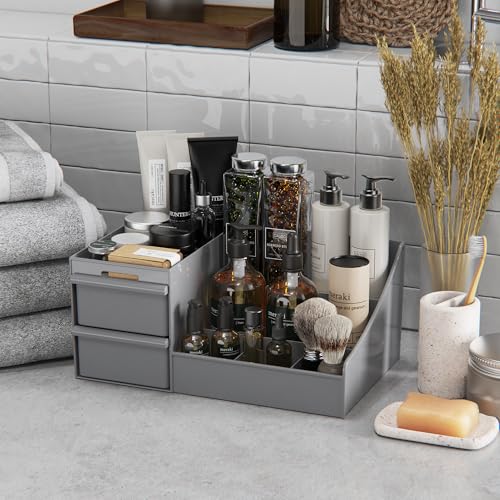 Grey&2 Drawers Makeup Organizer Countertop, Vanity Organizer with 7 Compartments and 2 Drawers for Cosmetics, Skincare, Brushes, Perfume, Bathroom Counter Organizer