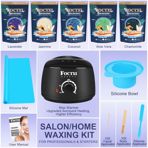 Premium Waxing Kit for Women, Wax Warmer Hair Removal at Home with Beads & Silicone Pot, Hard Wax Warmer for Face, Legs, and Body, Machine, 5 Pack Beads, Accessories, Black