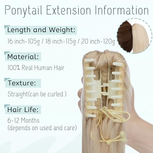S-noilite Claw Clip Ponytail Extension Human Hair #60 Platinum Blonde Real Remy Human Hair Ponytail Extension 20inch Long Straight Hair Pony Tails Hair Extensions For Women 120Grams