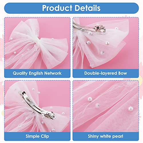 Bridal Pearl Hair Bow Veil Bridesmaid Large Hair Bow Wedding Veil with Barrette Bachelorette Party Decorations Bridal Bridesmaid Gift (White)