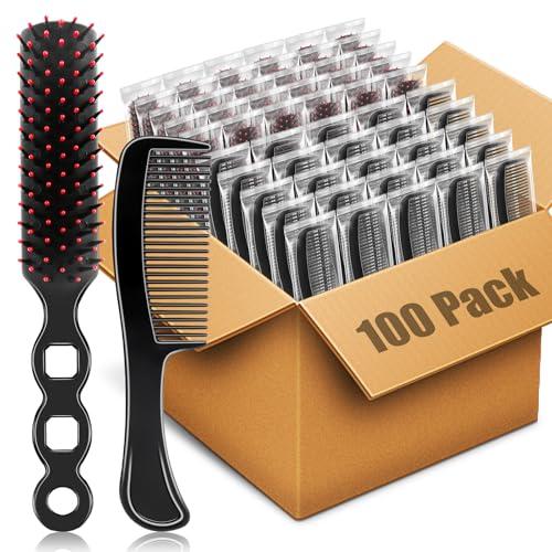 HOFASON 100 Pcs Bulk Hair Brushes Combs Set for Homeless Women, Individually Wrapped Detangling Hairbrush and Comb for Kids Homeless Hotel Nursing Charity Hygiene Supplies(Black)