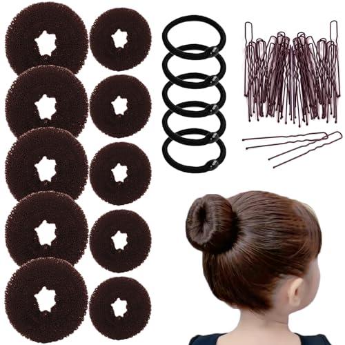 10 Pcs Hair Bun Maker - Donut Bun Maker for Hair(5 medium and 5 small),Ballet Bun for Women and Kids with Elastic Hair Ties, Hair Pins(Brown)