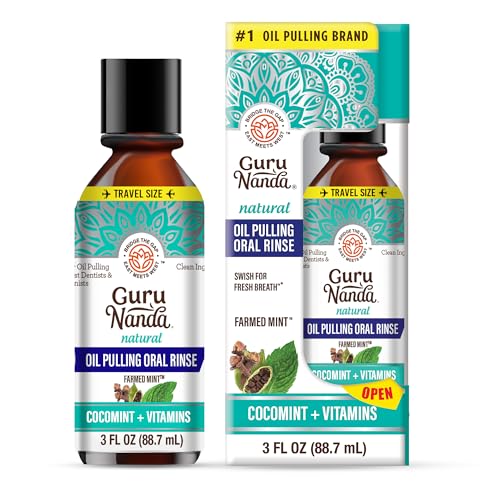 GuruNanda Travel Size CocoMint Oil Pulling Mouthwash, 7 Essential Oils & Vitamins, Promotes Fresh Breath & Happy Gums, No Alcohol & Fluoride, 3 oz