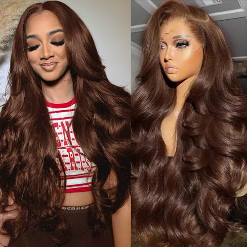 32 Inch Chocolate Brown 250% Density 13x4 HD Lace Front Wigs Human Hair Body Wave Brown Wig Frontal Glueless Wigs Human Hair Pre Plucked Colored Wigs with Baby Hair for Black Women