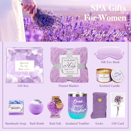 for Women Self Care Gifts Get Well Soon Gifts, Lavender Relaxation Spa Gift Basket Sets with Luxury Flannel Blanket, Unique Mothers Day Mom Gifts Basket for Mom Wife Grandma Sister