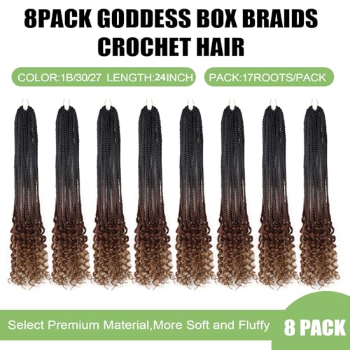 Goddess Box Braids Crochet Hair with Curly Ends 24inch Long Crochet Braids for Black Women Pre Looped 8 Packs Bohemian Style Goddess Box Braid Hair Extensions (1B/30/27)