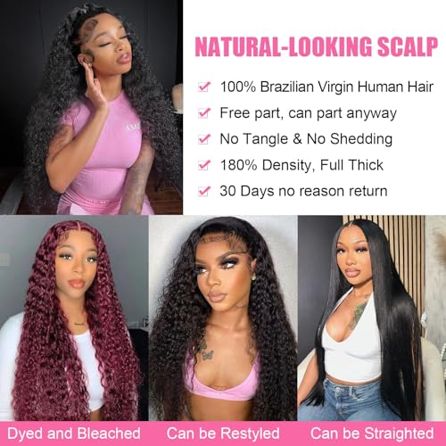 32 Inch Deep Wave Lace Front Wigs Human Hair 13x4 Deep Curly Human Hair Wig Pre Plucked 180% Density HD Transparent Lace Front Wigs for Black Women Deep Wave Frontal Wigs Natural Black