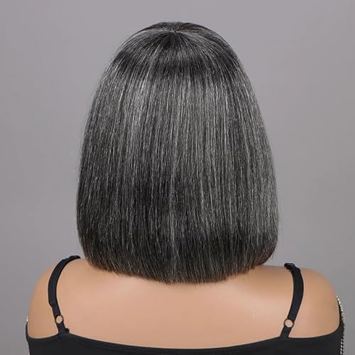 soul lady Chic Glueless Layered Wigs With Bangs Dark Salt & Pepper Straight Human Hair Real Wear To Go Wigs For Women Natural and Silver Grey Wear and Go Bob Wig Natural and Gray 12 Inch