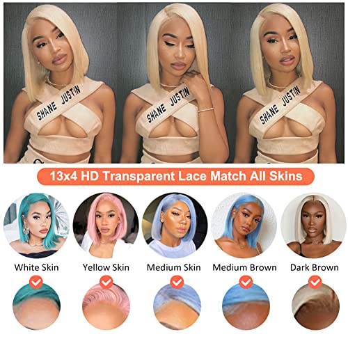Royal Lady 613 Blonde Lace Front Bob Wig Human Hair 13x4 HD Transparent Straight Short Bob Wigs for Women 150% Density Brazilian Virgin #613 Platinum Blonde Bob Wig Pre Plucked with Baby Hair 10 Inch
