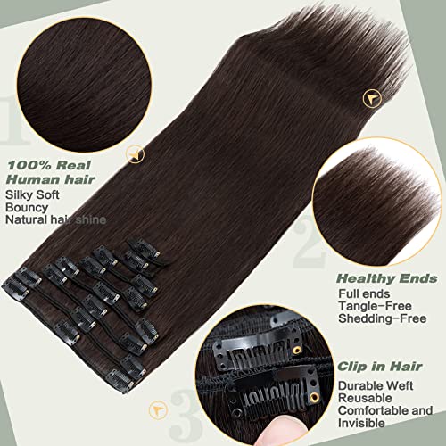 S-noilite Human Hair Extensions for Women - Standard Weft Clip in Brown Hair Full Head 8 Pieces 18 Clip 100% Real Human Hair 24"-120g Dark Brown (#2)