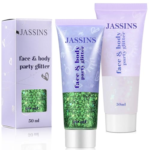 JASSINS 2PCS Body Glitter, 100ml St Patricks Day Face Glitter for Women Girls Kids, Glitter Gel Makeup Tween Gifts, Singer Concerts Festival Rave Accessories, Chunky Mermaid Sequins (Green & White)