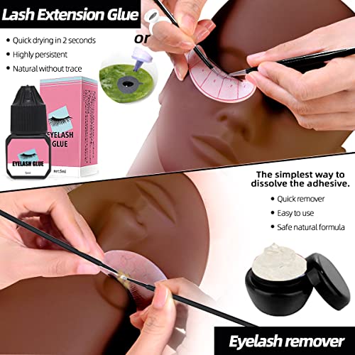 Lash Extension Kit Professional Eyelash Grafting Training Tools Mannequin Head USB Fan Lash Shampoo 0.07D Curl Mix 8-15mm Glue Practice Eyelash Strips Lash Mapping,Exercise Set for Beginner
