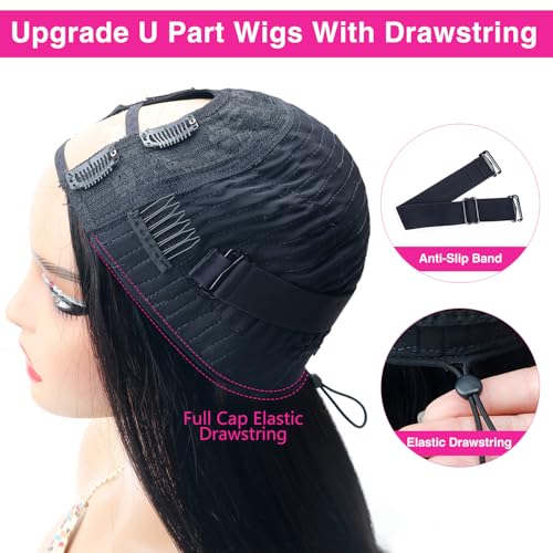 U Part Wigs Human Hair For Black Women Upgrade U Part Human Hair Wigs With Drawstring Beginner Friendly No Sew In No Leave Out No Glue U Part Wig 200% Density Natural Color (24inch)