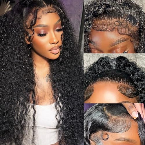 13x4 Deep Wave Lace Front Wigs Human Hair 200 Density Deep Curly Human Hair Wig HD Transparent Wet and Wavy Lace Front Wigs Natural Black 30 Inch