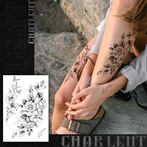 CHARLNET Realistic Flower Temporary Tattoos for Women - 9 Large Sheets Flower Rose Tattoos For Women Body Art Arm Chest Legs Shoulder