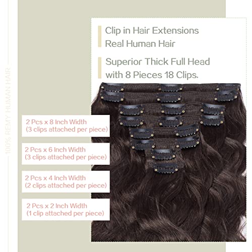 S-noilite Wavy Clip in Hair Extensions Real Human Hair Double Weft Thick 8 PCS Clip in Remy Hairpiece Natural Body Wave Full Head (18 Inch - 140g, Dark Brown)