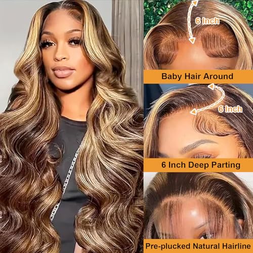 28 Inch Highlight Ombre Lace Front Wigs Human Hair 13x6 Body Wave Frontal Wigs Pre Plucked With Baby Hair 180% Density 4/27 Colored Honey Blonde Wig Human Hair for Women