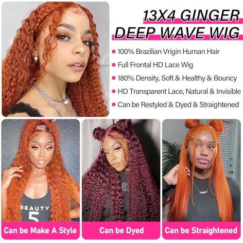 SOEZ 26 Inch Ginger Orange Lace Front Wigs Human Hair Deep Wave 13x4 HD Transparent Lace Frontal Wig for Women 180% Density Curly Wet and Wavy Lace Front Wigs Human Hair 350# Colored Glueless Wig