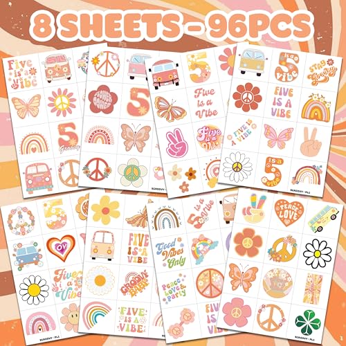 96 PCS Five Is A Vibe Pre-Cut Temporary Tattoos Themed 5th Birthday Party Decorations Favors Supplies D?cor Groovy Retro Boho Rainbow Hippie Die Cut Tattoo Stickers Gifts For Game Boys Girls School