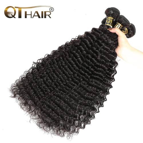 QTHAIR 16A Deep Wave Bundles 4 Bundles Human hair Brazilian Hair Deep Wave Bundles 100% Unprocessed Virgin Deep Curly Wavy Human Hair for Black Women (14 16 18 20Inch) Hair Extensions