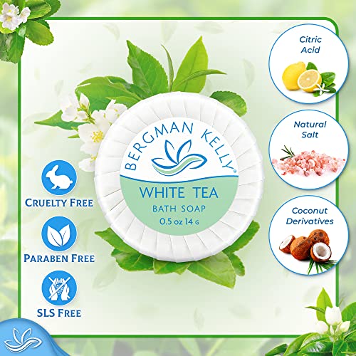 BERGMAN KELLY - Hotel Soap Bars - White Tea, 0.5 oz, 200 PK - Travel Size Luxury Bulk Amenities Bar Soap, Mini Individually Wrapped Round Soap - Small Toiletries for Airbnb, Motel, Guest Bathroom