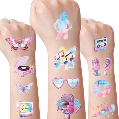 Music Party Temporary Tattoos for Fans - 8 Sheets 200 Styles Music Merch Gifts Birthday Party Favors Decorations Female Pop Singer Album Hand Face Fake Tattoo Stickers for Fans Kids Concert Decor