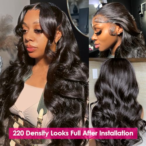 Wingirl 220 Density HD Lace Front Wigs Human Hair Pre Plucked 13x5 Transparent Body Wave Lace Frontal Wig with Baby Hair 12A Glueless Human Hair Wigs for Women Black Color 24 Inch