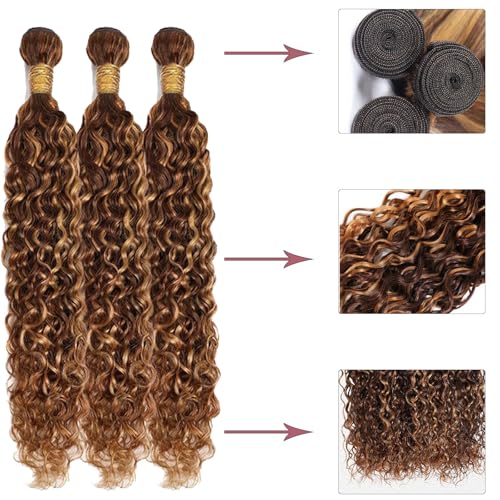 Human Hair Bundles P4/27 Highlight Water Wave Bundles Human Hair 20 22 24 Inch 12A Grade Brazilian Virgin Hair Water Wave Brown with Honey Blondy Double Weft Weave for Women