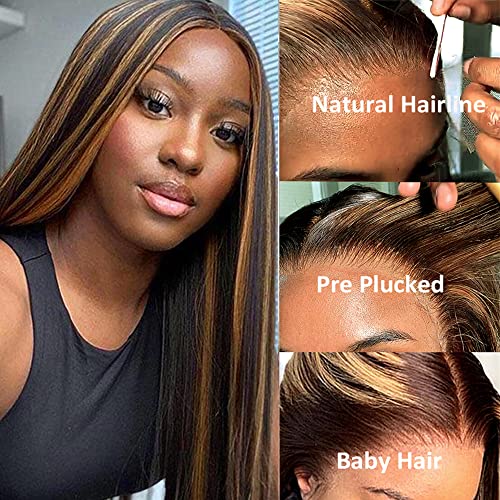 Brown Highlights Pre Plucked Lace Frontal Wigs Real Human Hair Wig Natural Hairline with Baby Hair 18 Inch Thicken Colored Ombre Balayage Brazilian Virgin Human Hair Lace Front Wig with Dark Roots
