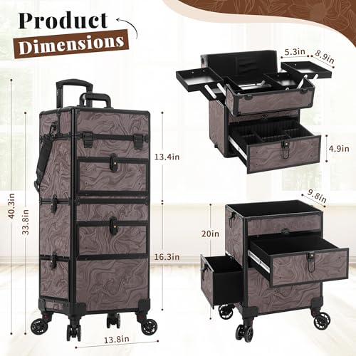 AROUS Rolling Makeup Case with 3 Drawers, Cosmetology Case on Wheels 5 IN 1 Makeup Train Case Make Up Organizer for Artist Salon Nail Teach Trunk,Brown