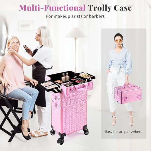 3 in 1 Rolling Makeup Train Case Professional Large Cosmetic Trolley Cosmetology Case on Wheels Traveling Cart Trunk for Hairstylist Artist Nail Beauty Salon Barber, Pink