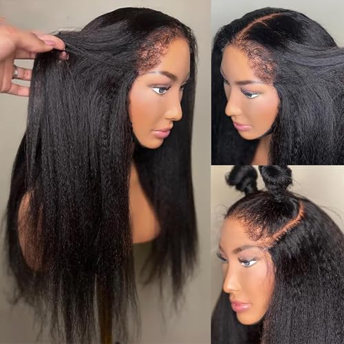 4C Edges Kinky Straight Wig Human Hair 13x6 UHD Lace Frontal Wigs Pre-Cut Pre-Plucked 200% Density Yaki Straight Human Hair Wig Black Pre-Bleached Tiny Knots 18 Inches Chrismas Party Wigs