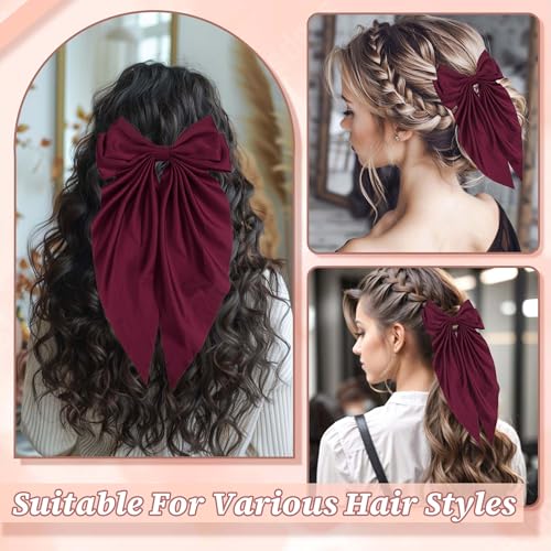 Hair Bows Vintage Bow Clips Dark Red Ribbon Bows Barrettes Large Bowknot Clip Satin Bowknot French Barrette Long Tail Cute Bow Hair Accessories For Girls Women
