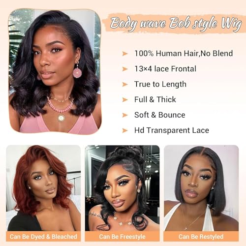 Bob Wig Human Hair 13x4 Body Wave Lace Front Wigs Human Hair Pre Plucked 14 Inch 100% Real Human Hair Wigs 220 Density HD Lace Frontal Wigs for Women Can Last 6-9 Months Body Wave Bob Wig