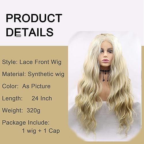613 Lace Wig Blonde Curly Lace Front Wigs Brown Blonde Highlight Long Water Wave Synthetic Lace Front Wig Pre-plucked Hairline Glueless Wigs for Black Women Girls Daily Party 26 Inch