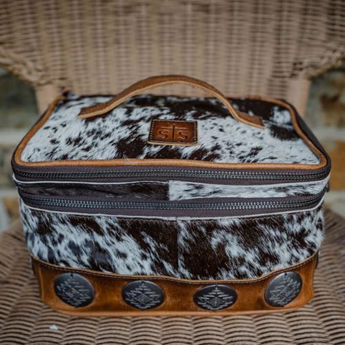 STS Ranchwear Vaquero Glamour STS-34330 Makeup Bag - Spacious Zip Around Unique Full Grain Leather Cowhide Cosmetic Organizer with 2 Compartments