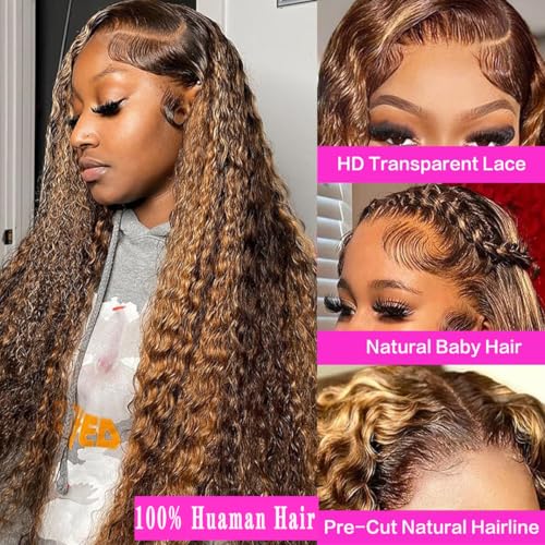 30 Inch Honey Blonde Highlight Ombre Lace Front Wig Human Hair 200% Density 13x6 HD Deep Wave Curly Wig Pre Plucked with Baby Hair