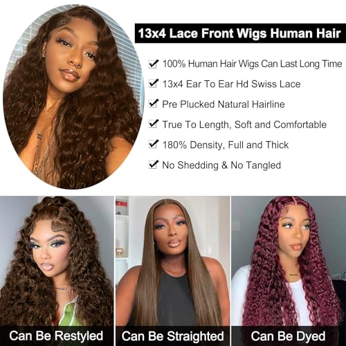 Chocolate Brown 13x4 Lace Front Wigs Human Hair 220 Density Deep Wave HD Lace Front Wigs 4# Curly Glueless Wigs Pre Plucked 13x4 Frontal Human Hair Wigs for Women (24 Inch)