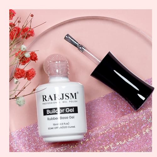 RARJSM Nude Glitter Rubber Base Gel Nail Polish Icy Jelly Pink Rainbow Shimmer Rubber Base for Nails Iridescent Brush on Quick Extend Builder Hard Gel Soak Off Curing Requires 15ml French Manicure