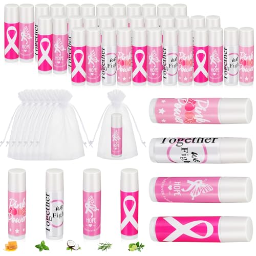 Fumete 50 Sets Breast Cancer Awareness Accessories Gifts Lip Balm Bulks Pink Ribbon Breast Cancer Awareness Items Decorations Natural Ingredients Survivor Gifts Items for Girl Women