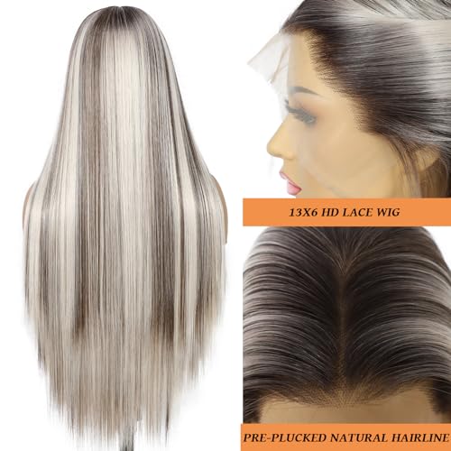 SAPPHIREWIGS Straight Synthetic Lace Front Wigs for Women Ombre Platinum Blonde Wigs with Brown Highlight Glueless 13¡¿6 Long Silky Straight Wig Pre-plucked Hairline Daily Use 26 Inches