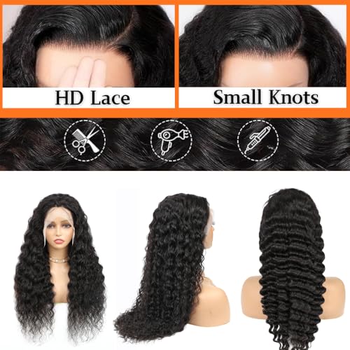 13x6 Deep Wave Lace Front Wigs Human Hair 200 Density 13x6 HD Transparent Deep Curly Lace Frontal Wig Pre Plucked with Baby Hair Wet and Wavy Glueless Wigs Natural Black for Women