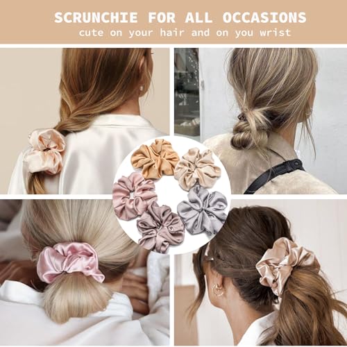 Large Silk Satin Scrunchies for Women Girls- Sleeping Big Jumbo Cute Scrunchy Perfect for Thick Curly Hair | Ideal Gift for Women - 5 Pack (Multicolor B, Large)