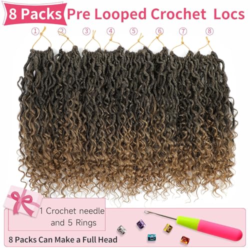 Alicoco Goddess Locs Crochet Hair 14 Inch 8 Packs Faux Locs Crochet Hair For Women Boho Soft Locs Pre-looped River Crochet Locs With Curly Ends (14 Inch (Pack of 8), 1B/27)